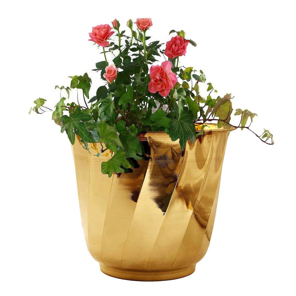 Pure Brass Lining Design Planter, Home décor, Planting, Size- 7.2x8 inches, Set of 2