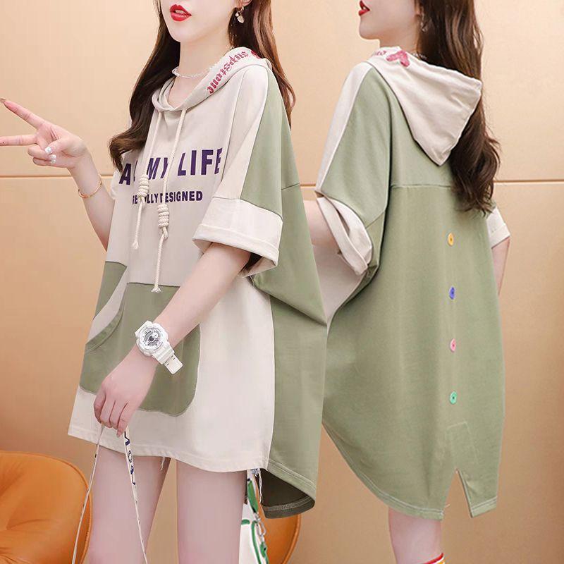 Женская футболка с капюшоном и контрастной задней панелью, летняя, свободная, длинная