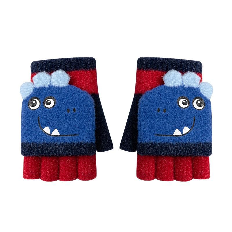Children's gloves autumn and winter flip half finger cold, windproof and warm knitted boys and girls cartoon cute student gloves