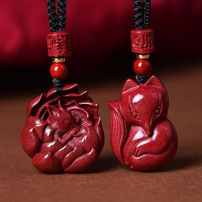 Кулон-ожерелье и брелок-шарм из циннабара, красной цинчжоуской глины, с изображением девятихвостой лисы