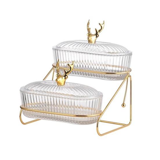 3-Tier Dried Fruit Display Tray with Nut Stand Stylish Elk Lid Sturdy Plastic Iron Frame