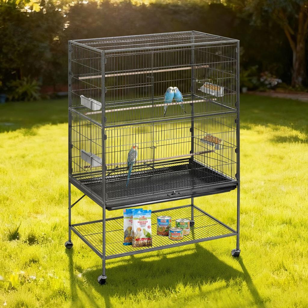 Bird Cage, 930 x 580 x 1510 mm, Flat Top, Wrought Iron Bird Flight Cage with Perches, Slide-Out Tray and Plastic Feeders, for Blue Tit, Cockatiel,