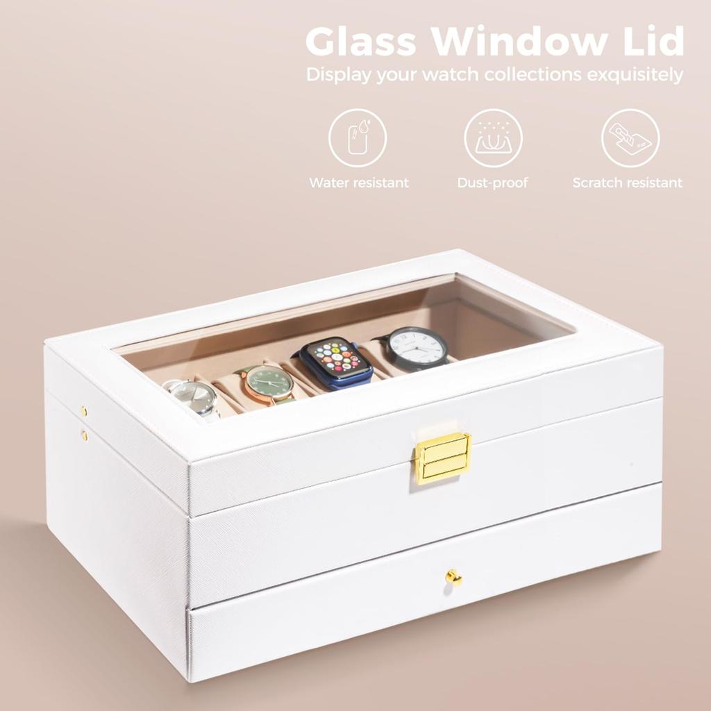 ProCase Чехол для часов с 12 слотами, витрина для часов с часовым кейсом со стеклом, 2-ярусный органайзер для хранения ювелирных изделий, мужская коробка, ящик, мужская крышка,