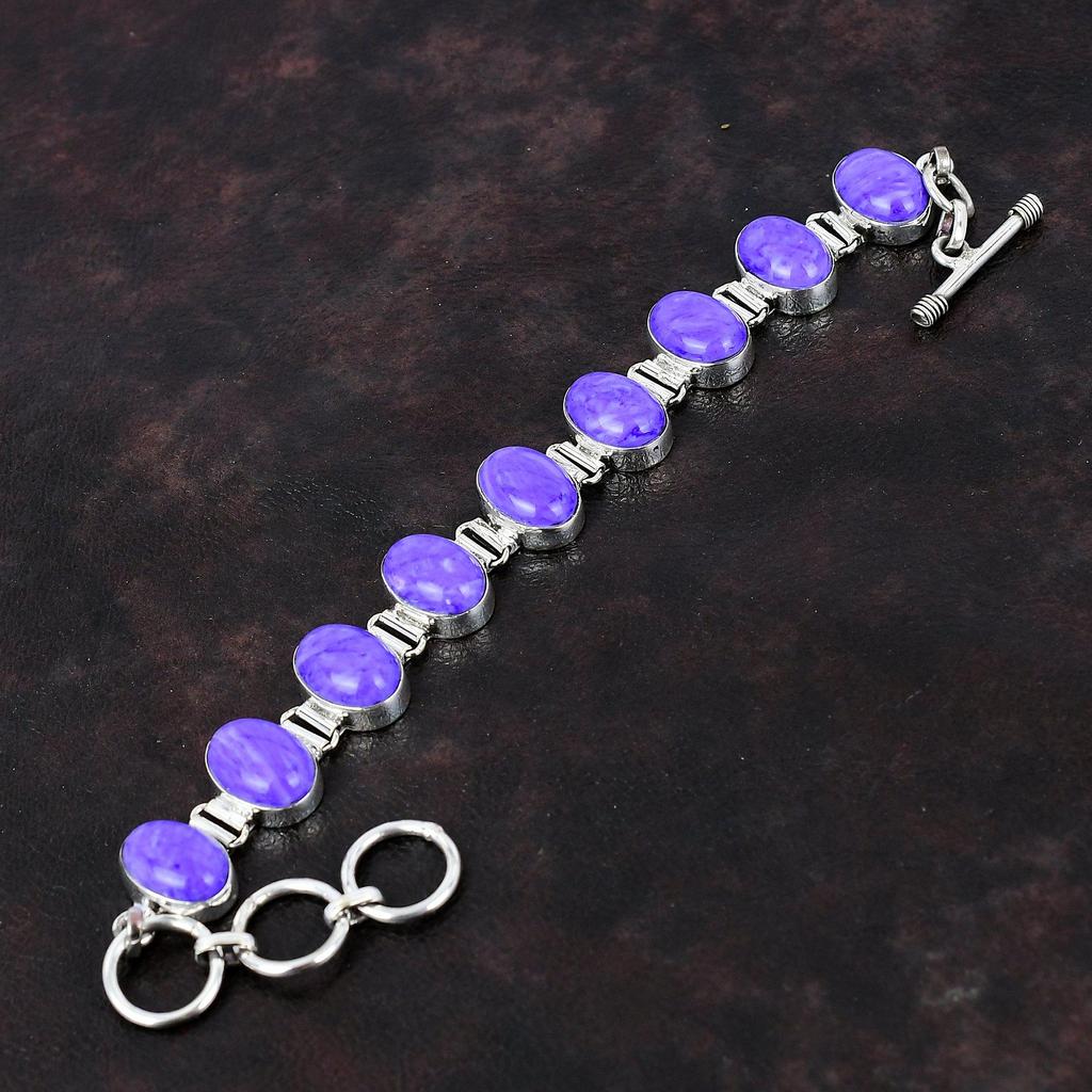 Браслет с чароитом Оригинальный браслет из драгоценных камней Браслет из стерлингового серебра 925 пробы Ювелирные изделия ручной работы Регулируемый браслет-цепочка Уникальные украшения для подарка