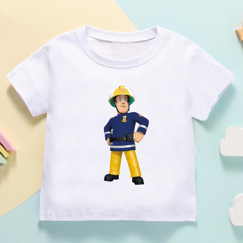 Fireman Sam Print Cartoon Cute Kids T shirt Girls Summer Tops Casual Baby Boys Clothes Children Short Sleeve O-Neck