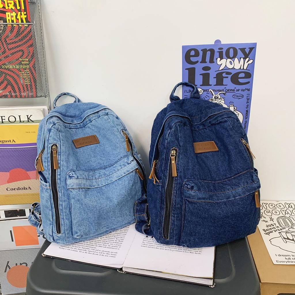 Fashion New Fashion Simple Trend Backpack Large Capacity Durable Denim Bag University High School Junior High School Student Bag
