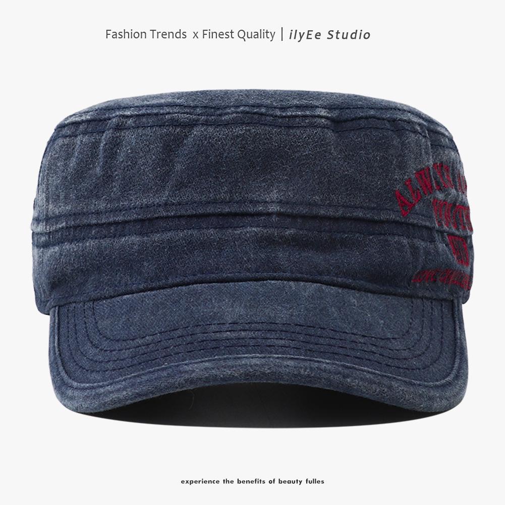 Spring/Summer Washed Cotton Curved Brim Baseball Cap with Letter Embroidery - Unisex Flat-Top Military Style