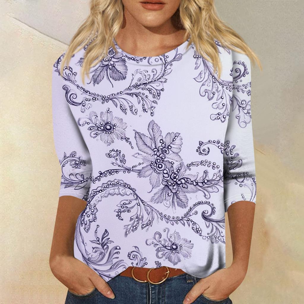 Women's Fashion Loose Casual Seven Sleeve Printed Round Neck Top