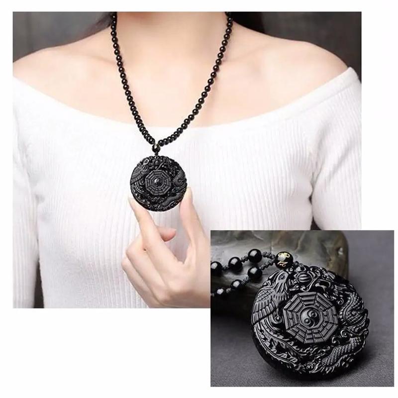 Натуральный черный обсидиан, вырезанный вручную китайский дракон, птица феникс, амулет багуа, ожерелье для женщин и мужчин, талисман удачи, амулет, кулон
