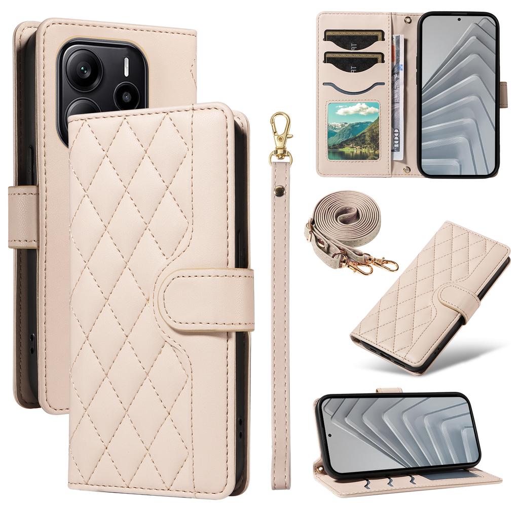 For Xiaomi Redmi Note 14 4G (164.84x78.15x8.16mm) Wallet Case Rhombus Leather Phone Cover with Strap