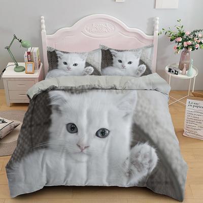 Белый кот Король Королева Пододеяльник Каваий Домашний питомец Китти Постельное белье Для детей Подростков Взрослых Семьи Животное 2/3шт Полиэстер Покрывало
