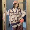 Sweater Vest Female 2023 Japanese Lazy Style Unique Contrast Vintage Sweater Pullover Plaid Flower Knitted Vest Female Tops