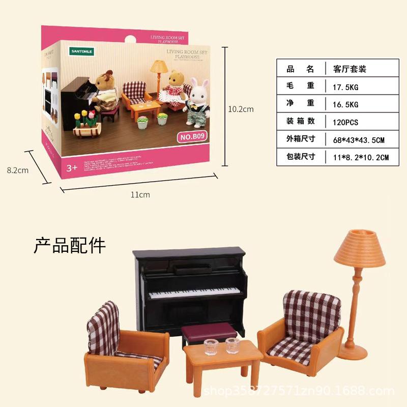 Forest Villa Set Toys Forest Animals Family Mini Furniture Model Living Room Bedroom Tv Refrigerator Ornament