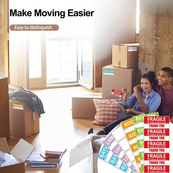 50 листов съемных водонепроницаемых этикеток для упаковки коробок для переезда с цветной кодировкой для хрупких и тяжелых грузов