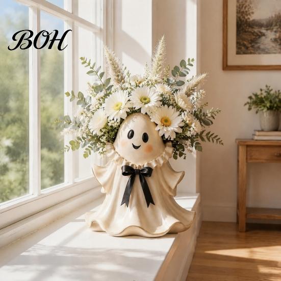 Unique Home Decor Gifts Cute Ghost Wicker Basket, Tabletop Resin Halloween Figurine with Floral Holder, Flower Basket Spooky Shaped Vase for