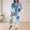 Women Plus Size Round Neck Long Sleeve Printed Blue Beige Longline Top Fitted Pants Two Piece Set