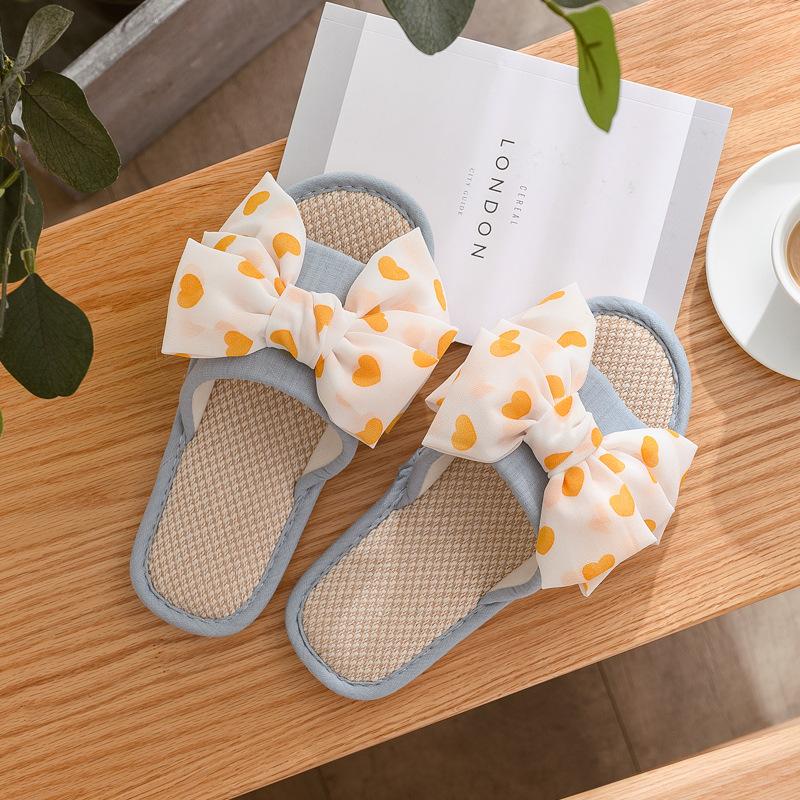 Elegant Home Linen Slippers Breathable Sandal Slippers Female Summer Indoor Fabric Slippers Love Bow Comfortable Slippers Home Shoes Slippers Pink