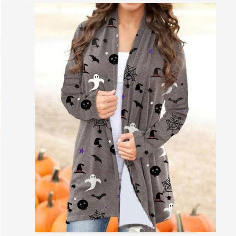 Кардиган с принтом Хэллоуина для женщин, вязаный свитер с открытой передней частью, кардиган с длинными рукавами