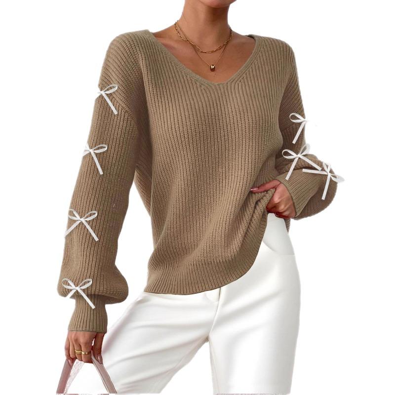 Women's Autumn Winter Tops European American Women's Clothing Ribbon Bow Decoration Pullover Sweater