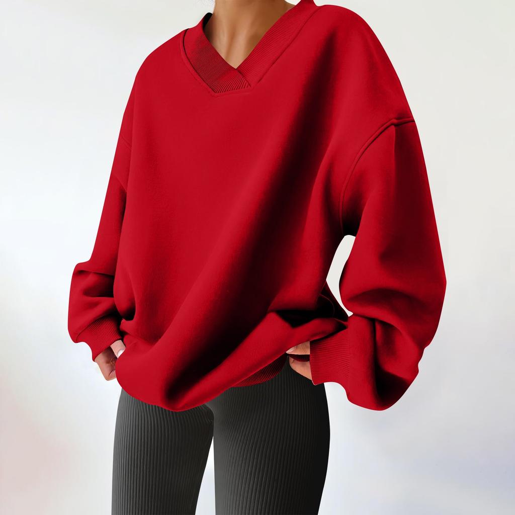 Women Winter Tops Women's Long Sleeve Sweatshirt Casual V-neck Loose Fit Pollover Fleece Tops