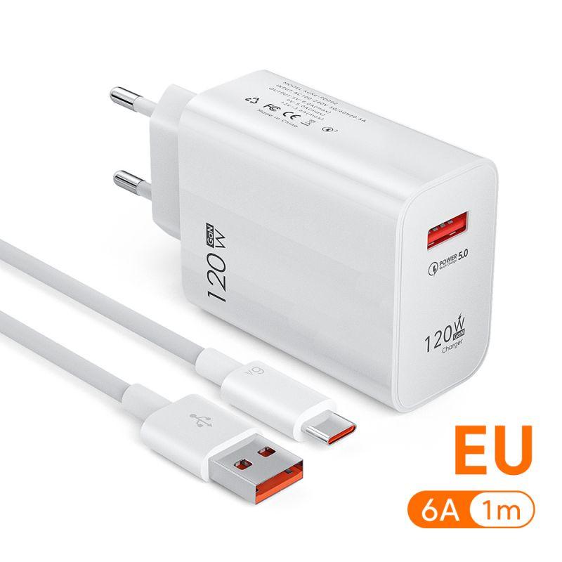 Быстрое зарядное устройство USB 120 Вт Quick Charge 5.0 Вилка EU/US/UK Зарядное устройство для телефона Кабель Type-C Для Samsung Xiaomi QC3.0 Настенное зарядное устройство USB