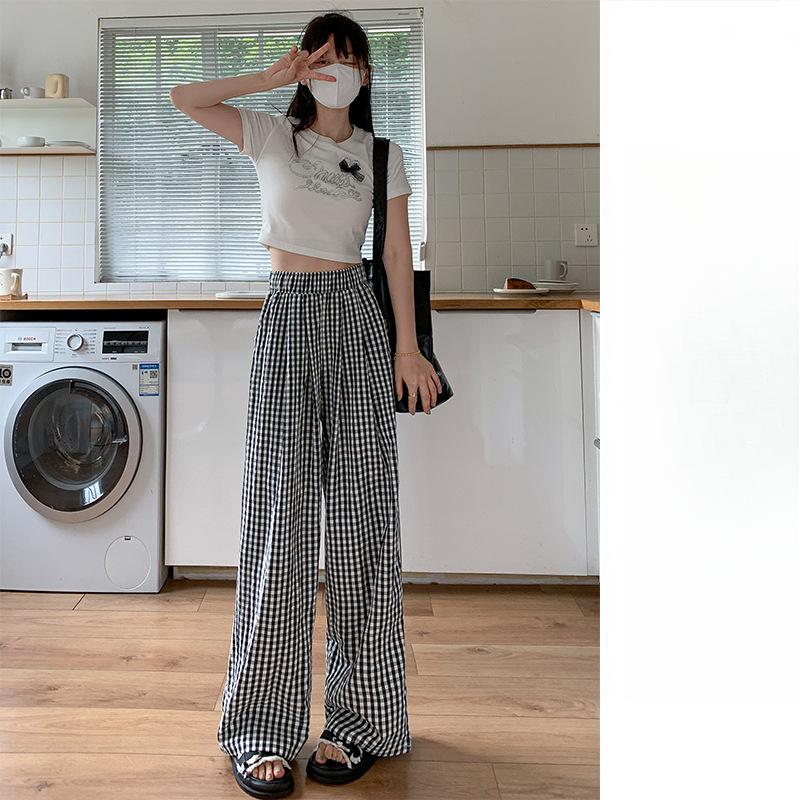 Blue Plaid Pants Women's Spring and Autumn New High-waisted Straight Loose Wide-leg Pants