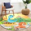 Cute Cartoon Dinosaur Mountain Sunset Round Rug, Jurassic Baby Dino Green Plant Floor Mat for Kids Bedroom Playroom Sofa Side