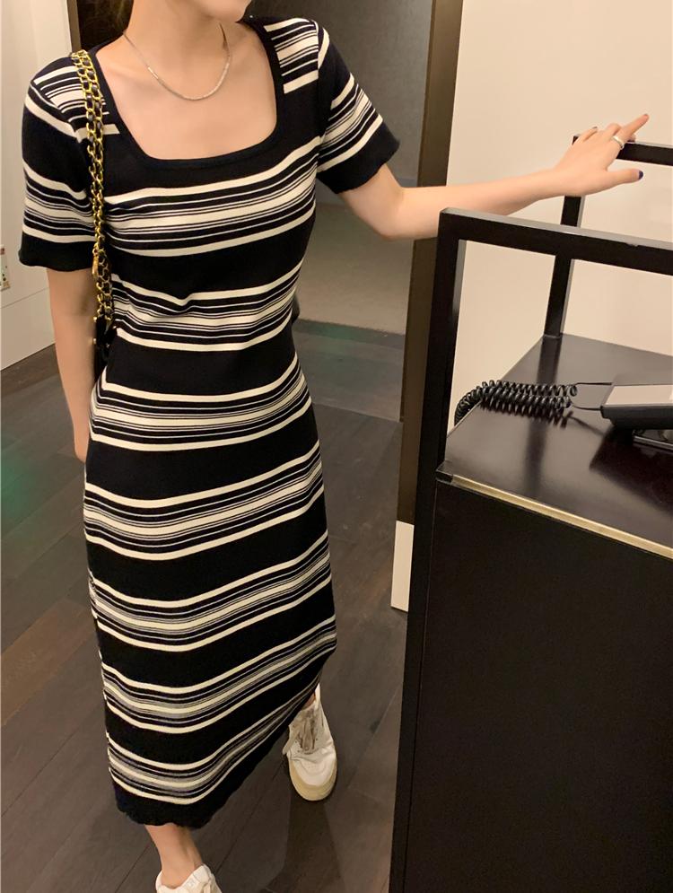 Полосатые летние платья женские контрастного цвета вязаные корейские халаты Femme винтажные свободные платья с квадратным вырезом