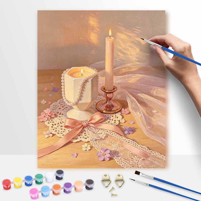 Набор для цифровой живописи маслом для DIY домашнего декора со свечами. жемчужное ожерелье. элегантное кружево и цветочная эстетика