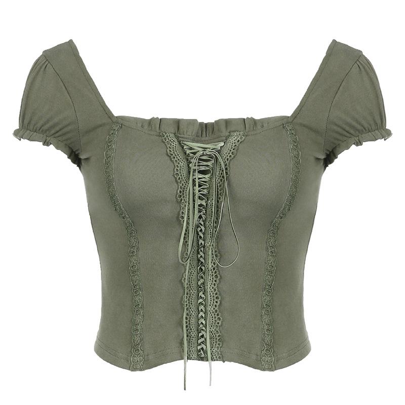 Милые кружевные топы, женская футболка с открытыми плечами и шнурком, корейская модная женская футболка, уличная одежда в стиле фея в стиле гранж
