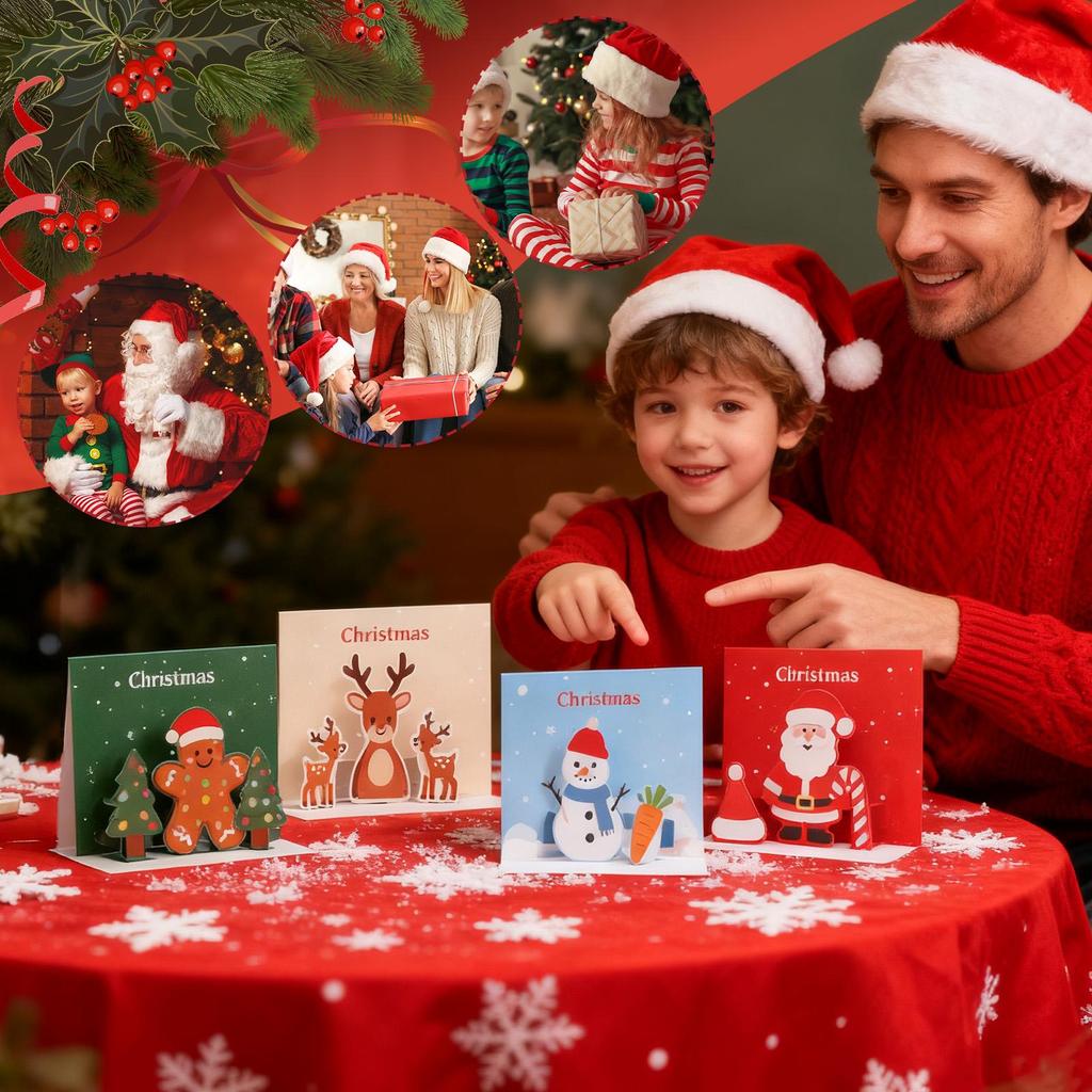 3D Christmas Cards 4 Pieces With Envelopes 3D Cards Holiday Decor Paper Art For Kids Adults Friends Coworkers Teachers Stocking