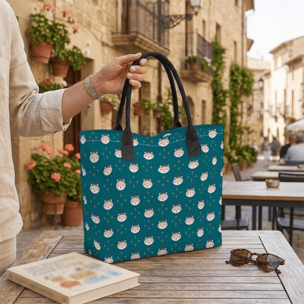Cute Cat Print Canvas Tote Bag Casual Daily Large Capacity Shoulder Bag for Women Shopping Travel Use