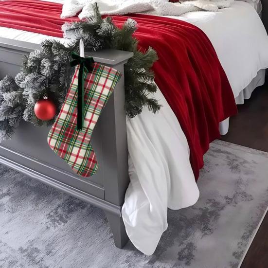 Christmas Stockings With Hanger Bowknot Plush Balls Decor Striped Print Candy Holder