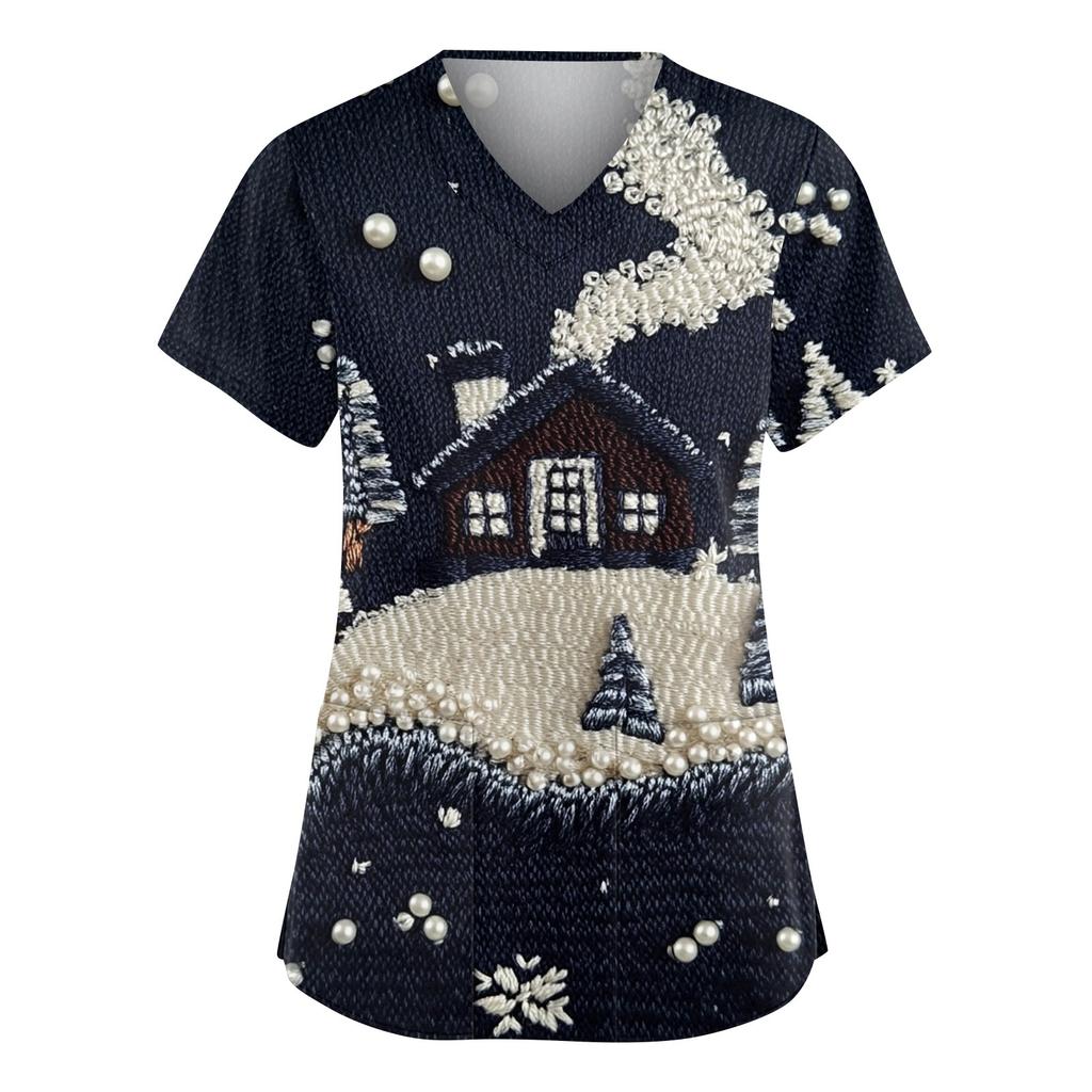 Женский модный рабочий топ с V-образным вырезом, рождественским принтом, короткими рукавами, карманом, боковым разрезом, базовый пуловер