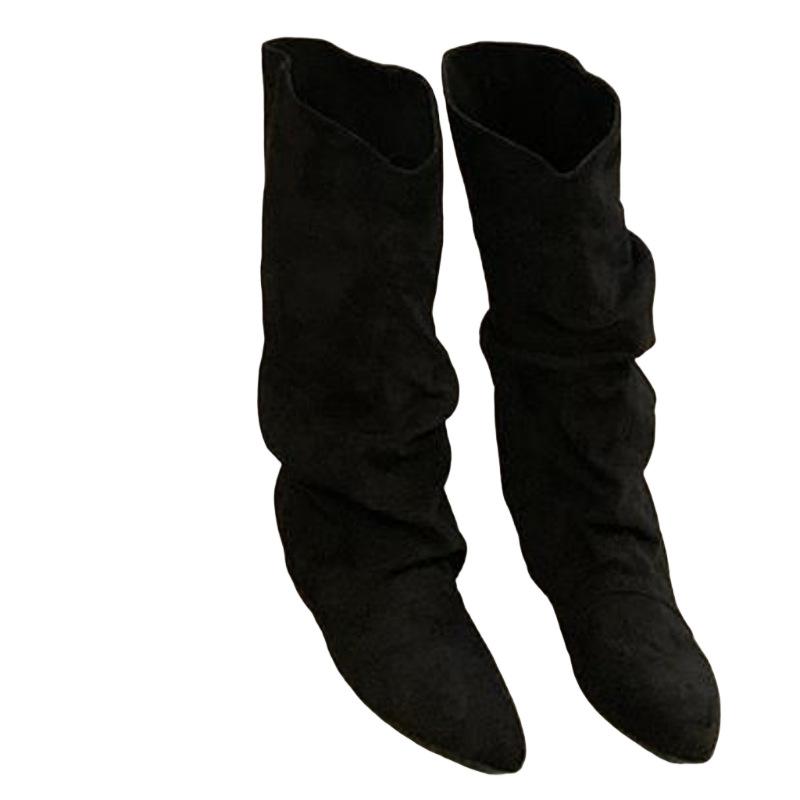 Ботильоны-рыцари средней высоты с внутренним увеличением высоты, из абрикосовой замши с ворсом, женская обувь 2025 весна, осень и зима, остроносые ретро длинные сапоги