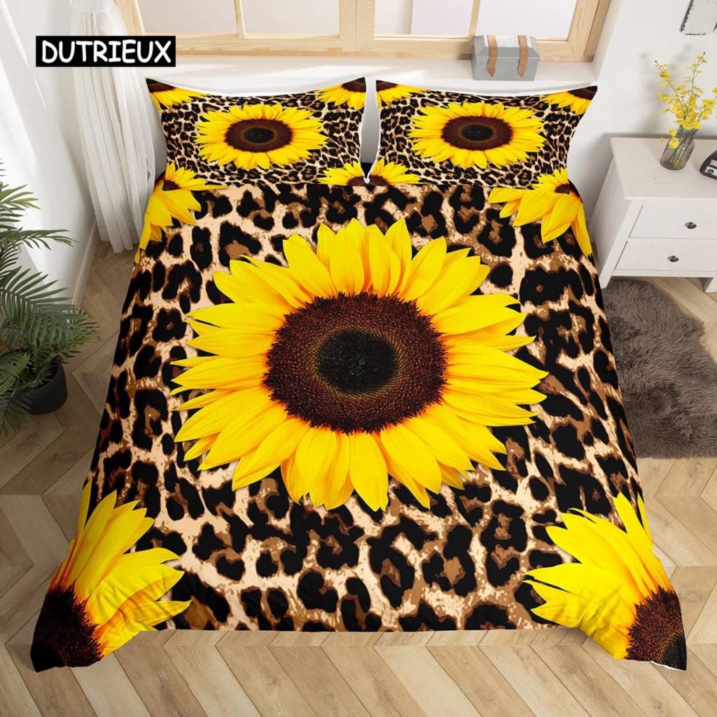 Комплект постельного белья с желтыми цветами Постельное белье с изображением подсолнухов Поля подсолнухов с напечатанными на них ботаническими цветами на закате Комплект постельного белья из полиэстера