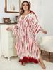 Red Striped Women's Kaftan Bohemian V-neck Chinese Knot Auspicious Knot Long Dress Robe Bathing Suit Cover Up Outfit Q1297
