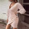 Fashion Lace Long Sleeve V-neck Sexy Short Dress Elegant Autumn Solid Color Slim Fit Bodycon Party Dresses Female Buttons Casual Simple Clothing