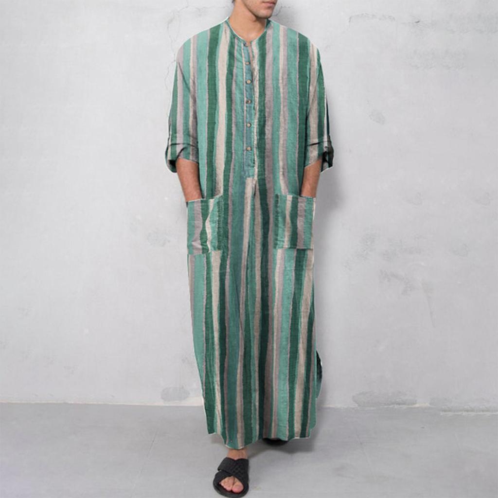 Летняя мужская мусульманская одежда, свободный халат, полосатая рубашка на пуговицах