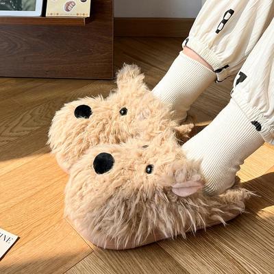 Женские пушистые мягкие домашние тапочки, зимние повседневные домашние тапочки с рисунком щенка из мультфильма, женские нескользящие домашние тапочки на плоской подошве