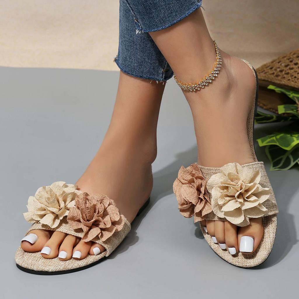 Women's Fashionable Round Toe Open-Toe Flat Sandals Elegant Sexy Beach Slippers Summer Non-Slip Comfortable Lightweight Slippers