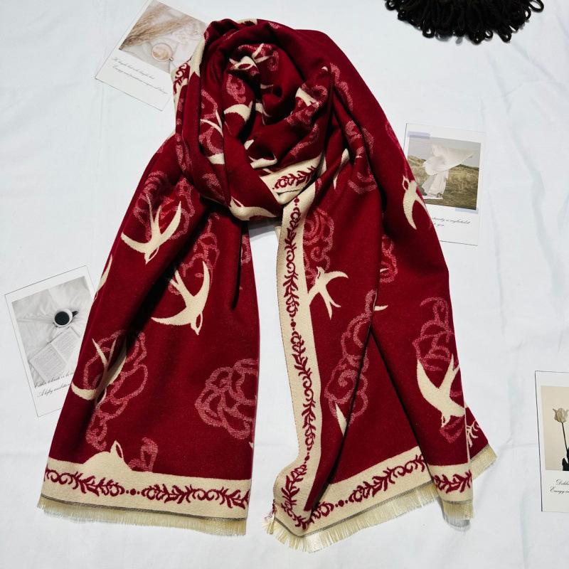New Xiangyun Swallow Jacquard Warm Shawl for Women Autumn and Winter Thickened Warm Double Sided Different Color Scarf