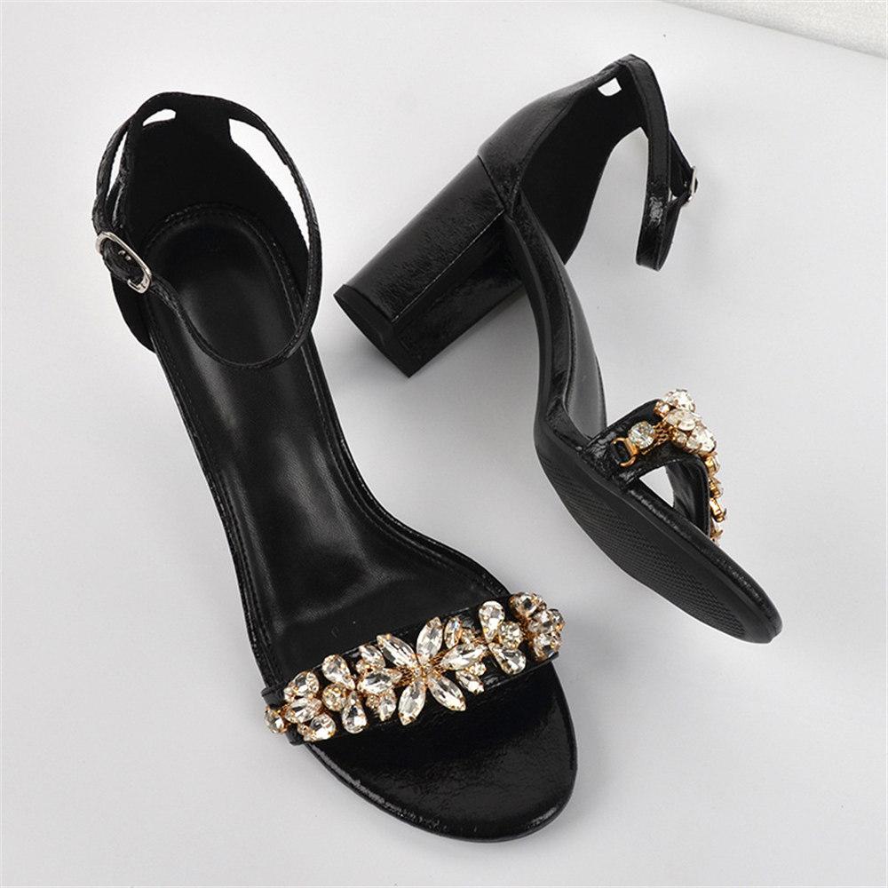 Rhinestones Black Silver Gold Elegant Women 'S Summer Sandals Big Size High Square Heels Classic Office Lady Party Shoes