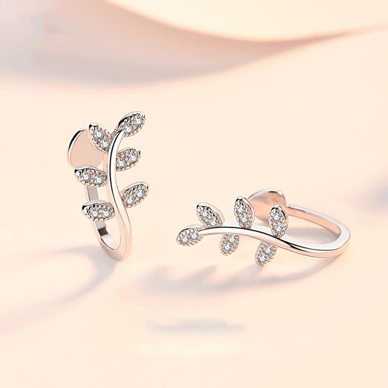 Fresh Mori Style Leaves Ear Clip Silver S925 Diamond-Embedded Without Ear Hole Niche Japanese and Korean Style