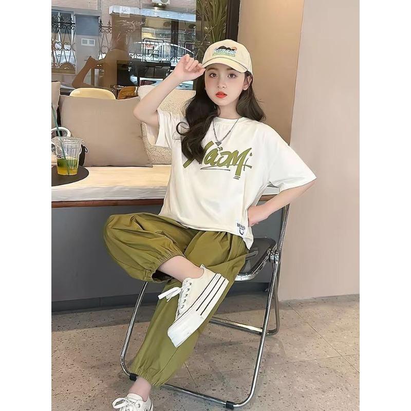 Летний костюм для девочек с тонкими брюками с девятью точками, блузка с буквами для больших девочек, костюм-двойка с шароварами