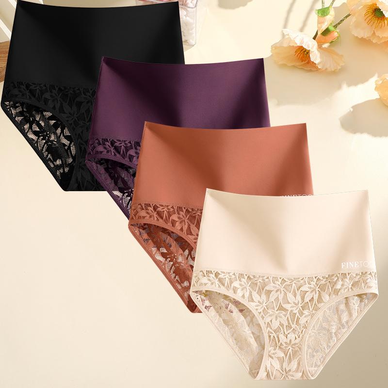 FINETOO 4Pcs Bodyshaper High Waist Lace Panties Women Underwear Soft Crotch Briefs Hollow Out Intimates Lingerie Ice Silk Briefs