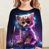 Cute Cartoon Cat Children's 3D Digital Printing Girl Fashion Trend Round Neck Long Sleeved T-shirt