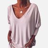 V-Neck Bat Seven-Point Sleeve Back Button T-Shirt Loose Top Women