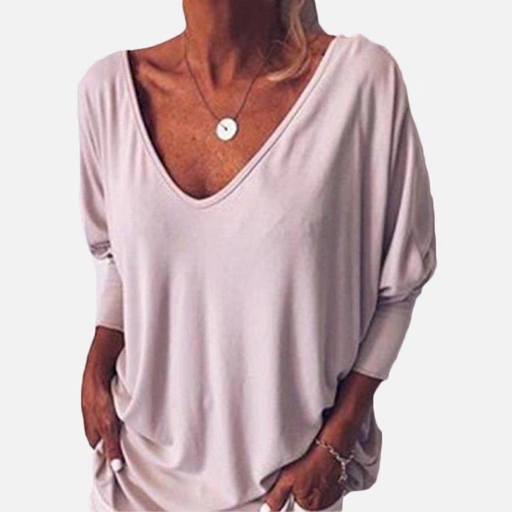 V-Neck Bat Seven-Point Sleeve Back Button T-Shirt Loose Top Women