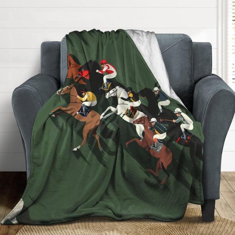 1pc 51.2x59.1 Inch Soft Faux Fur Throw Blanket - Contemporary Horse Racing Pattern, Vibrant Green with Multicolor Jockeys, All-S